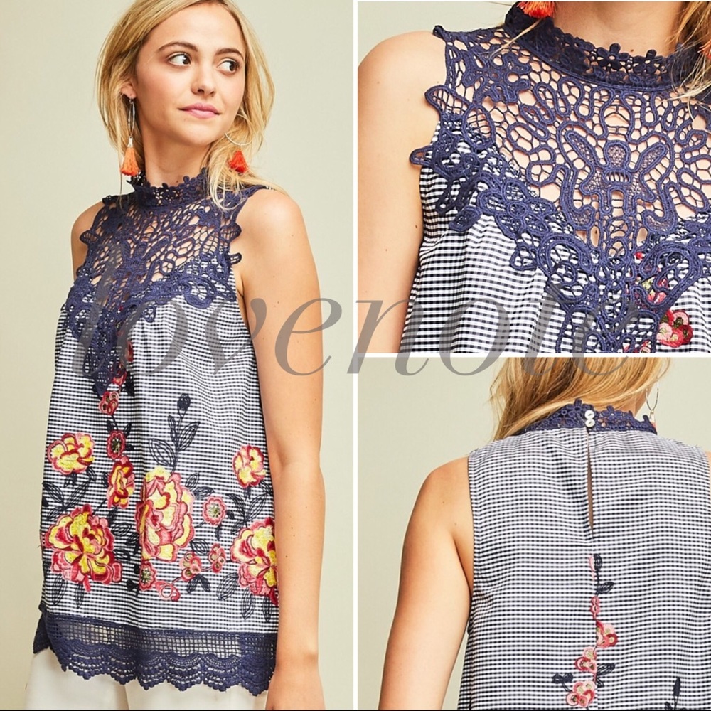 Sleeveless Gingham Crochet Floral Embroidered Top - Picture 2 of 8